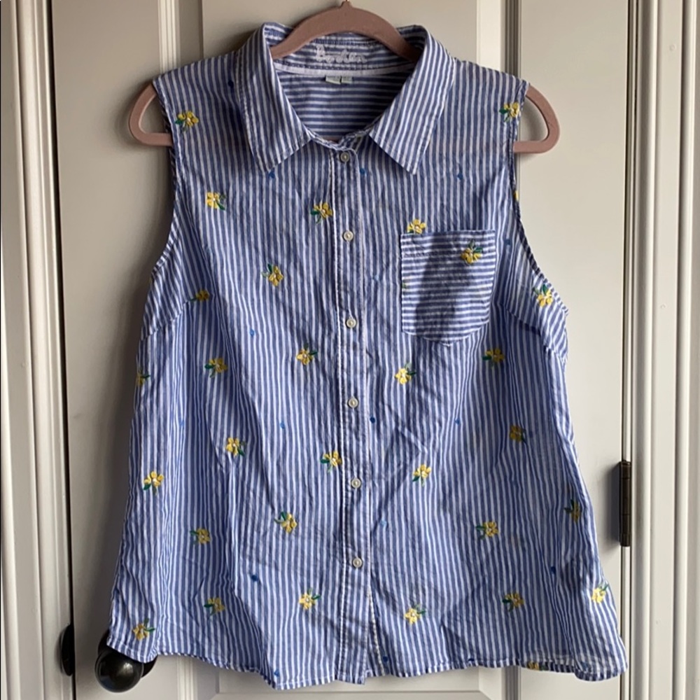 Boden Blue&White Striped Flower Embroidered Top